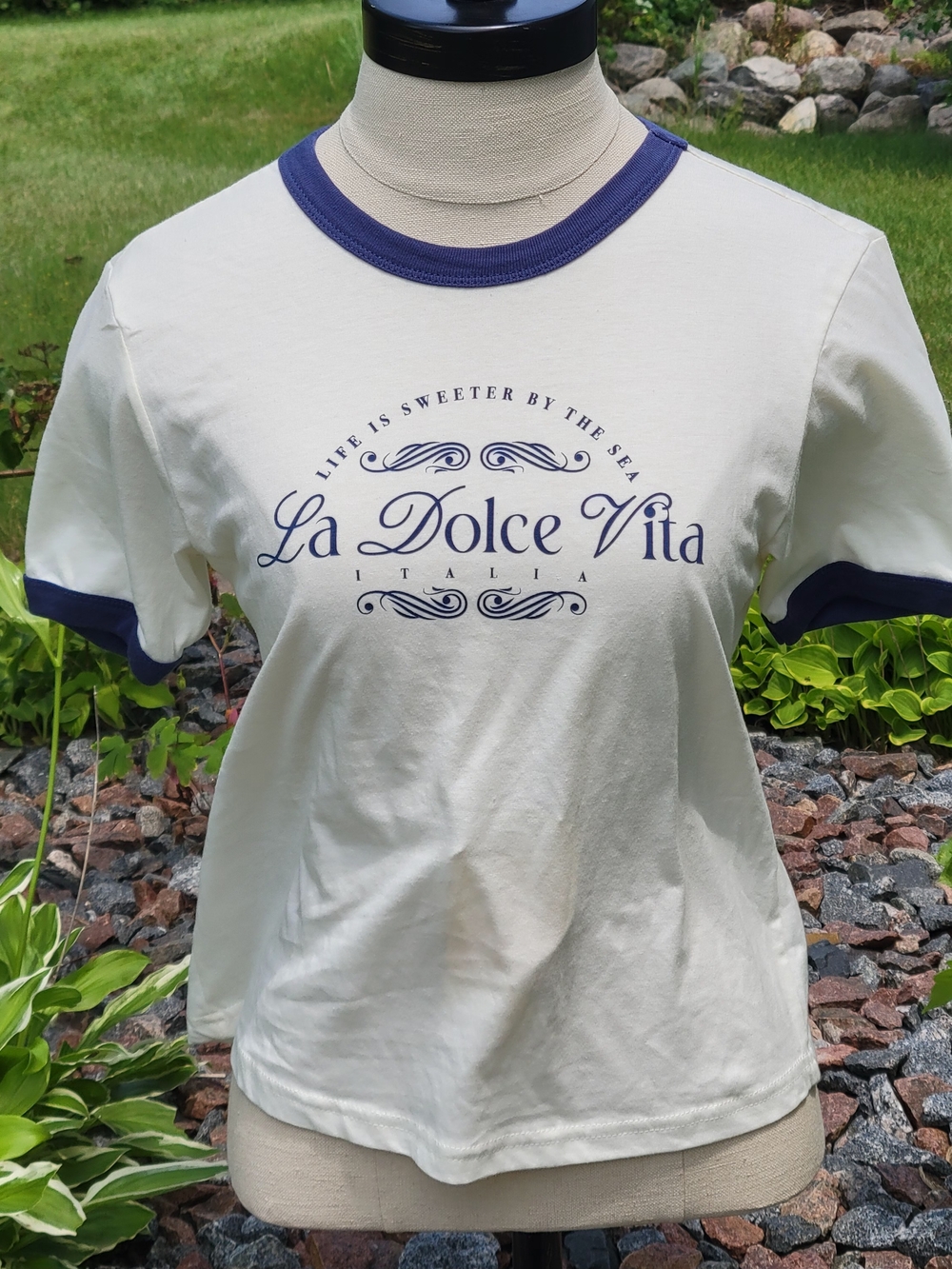 Mighty Fine Cream Short Sleeve Ringer Tee with Navy Trim XS - Picture 3 of 6